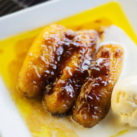 Friturestegte Bananravioli med Vaniljecreme