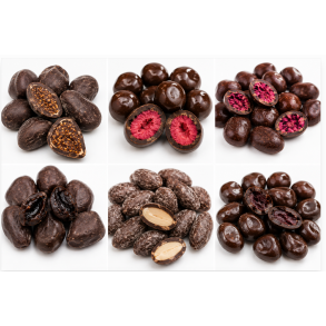 Chokolade med en perfekt balance mellem s�dme og spr�dhed. Fyldt chokolade - indeholder m�rk chokolade med 50 + % kakao. Uanset om det er kaffe, traneb�r, jordb�r, kirseb�r, dadler, figner, kokos eller rosiner &ndash; overtrukket med et strejf af chokolade bliv
